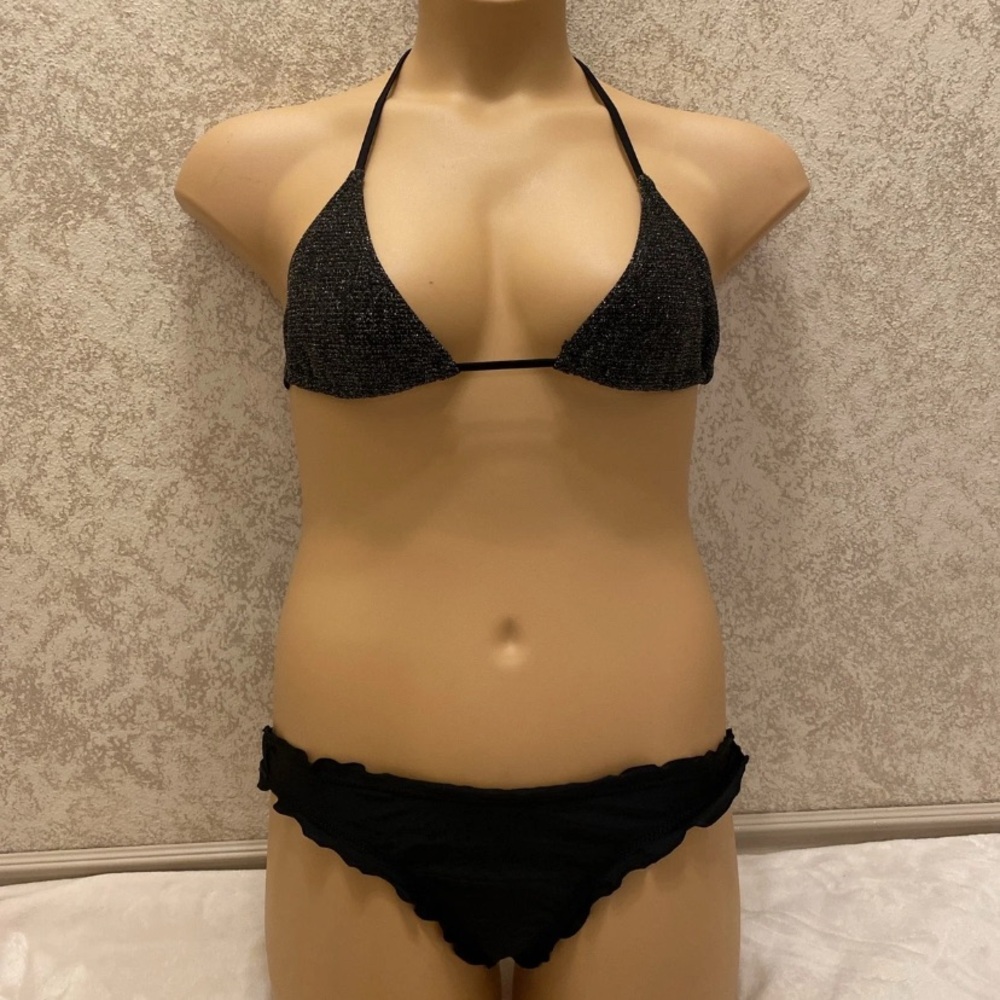 Sparkling Black Halter and Ruffle Bottom Bikini